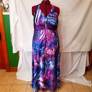 EUC Satin Purple Print Prom/Evening Halter Gown
